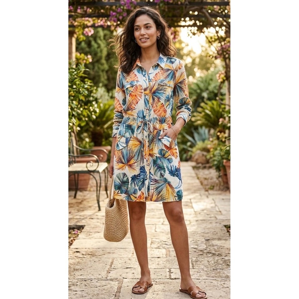 Chicos Tropical Leaf Print Linen Utility Shirt Jacket Drawstring Waist Size 3 XL